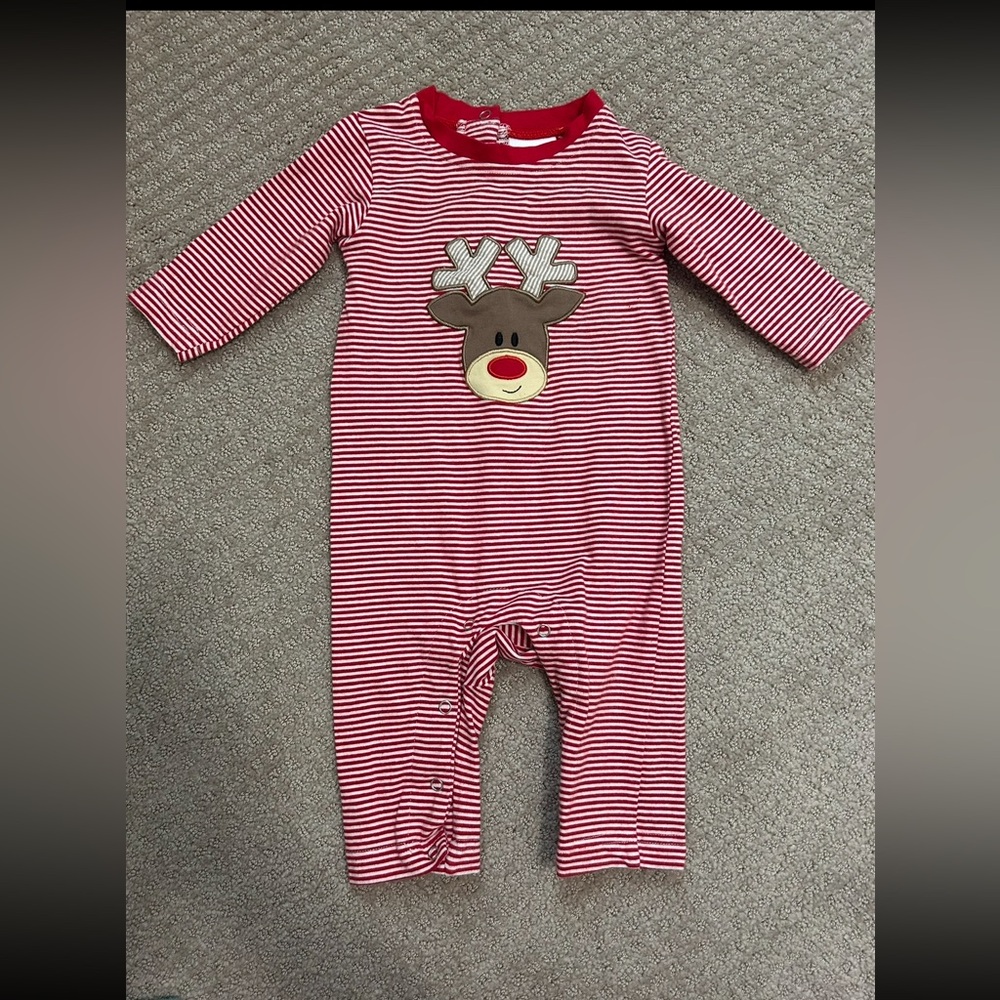 Red and White Striped Baby Romper with Reindeer Design